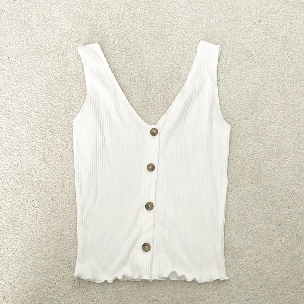 White Ribbed Button-Front Tank
